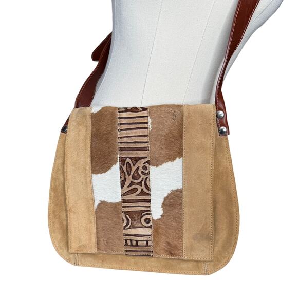 Claudia Firenze Leather and Suede Crossbody Bag Purse Tan Brown Cowhide Italy - Picture 1 of 9